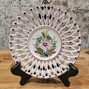 Vintage Portugal Wall Plate Floral, Open Lace, Multi Colors